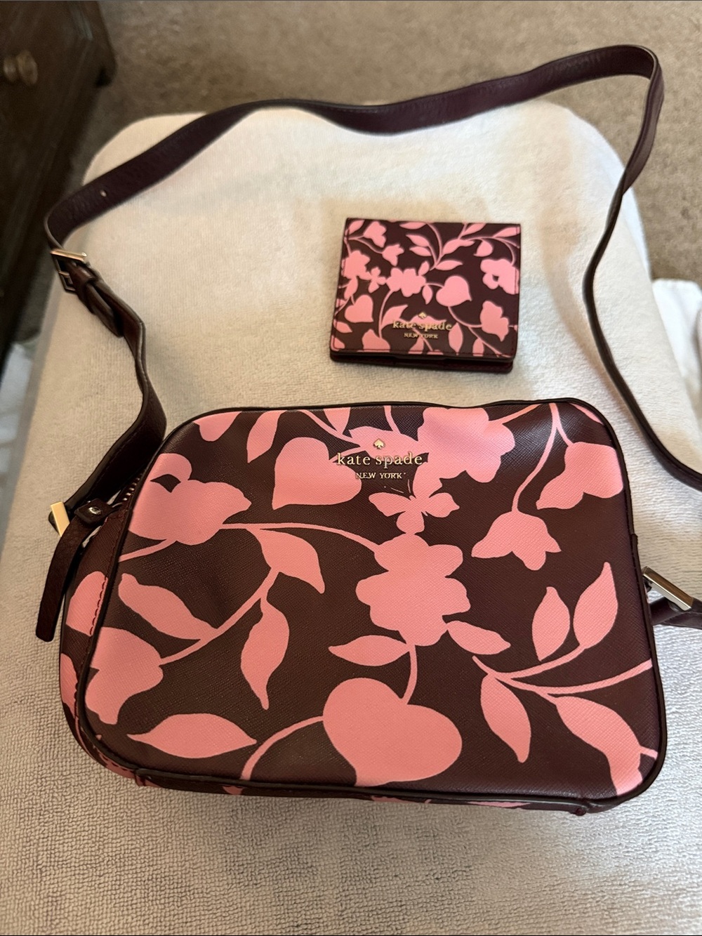 kate spade Pink and Burgundy Floral Crossbody Bag with Matching Wallet